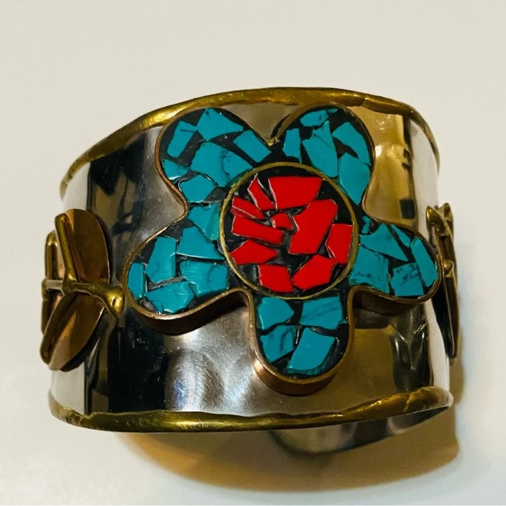 Turquoise and Red Floral Cuff Bracelet